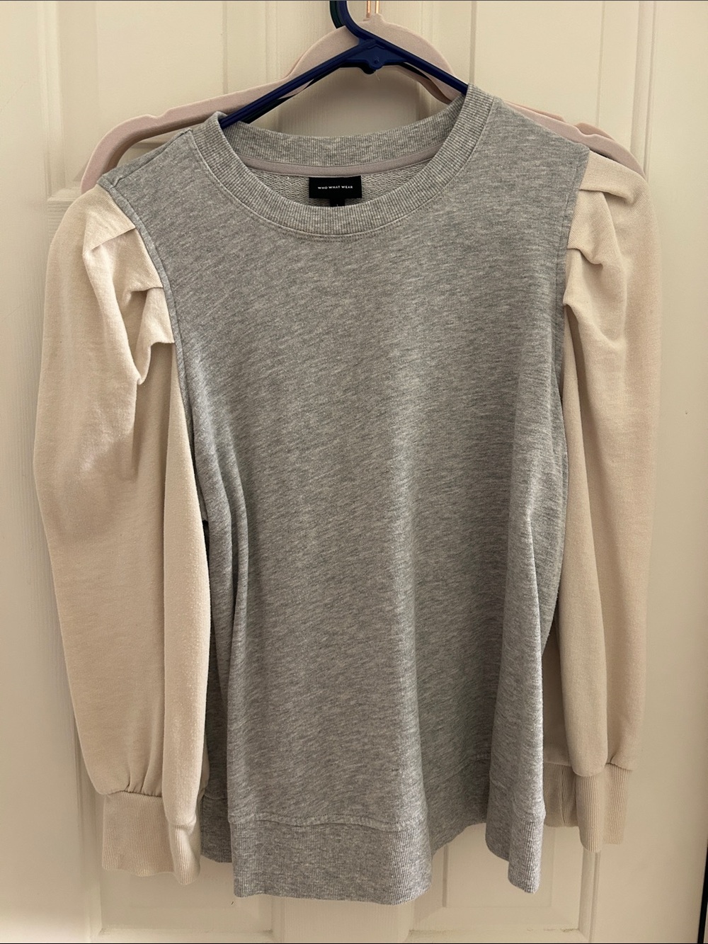 Who What Wear Women's Two-Tone Puff Sleeve Top - Gray & Cream- Size L